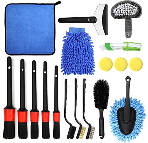 GUANJUNE 18Pcs Car Wash Cleaning Kit with Wash Mitt Sponge Towels, Tire Brush Tool Set, Interior Exterior Car Care Detailing Set for Car Motorcycle Bike Cleaning Wheels, Engine, Emblems, Air Vents