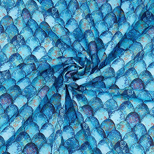 FINGERINSPIRE Stoff Meerjungfrauenschuppen Baumwollstoff 100x145cm Tiefseeblauer Polyesterstoff Mit Meerjungfrauen Bedrucktes Fischschuppenmuster, Stoff Für T Shirt Kleid Nähen Handwerk Tischdecke