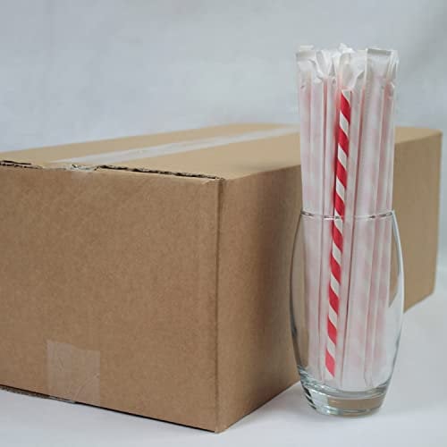 Bright Red Striped Paper Straws (6mm x 200mm) - Individually Wrapped for Protection - Pack Size 1200 - FSC Certified/Food Safe/PFAS Free/Biodegradable/Suitable for All Occasions