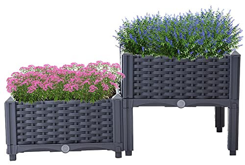 Mingone Hochbeete für Garten Kunststoff Blumenkasten Hochbeet Abverkauf Kleines Hochbeete für den Anbau von Gemüse Blumen Kräutern Geeignet für Garten Balkon Terrasse, Graublau, 80x40x23-38cm