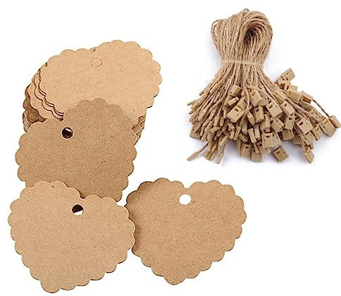 TSLRSA 100 Stück Anhänger Etiketten, Kraftpapier Preis Anhänger, Braun Preisschilder Handmade Hängeetiketten mit Elastischer Schnur für Geschenkanhänger Weihnachten Kleidung Schmuck Display(55 x 60mm)