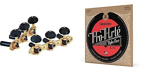 Ortega Guitars Classic Stimmmechaniken Set - gold/schwarz Deluxe (OTMDLX-GOBK) & D'Addario Gitarrensaiten Konzertgitarre | EJ45 EJ44 Pro-Arte Nylonsaiten für Klassikgitarre 1er-Pack Normal Tension
