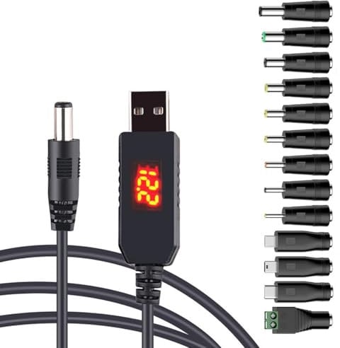 USB to DC 5V to 12V Step up Cable, USB Cable DC 5V Boost to 9V 12V Voltage Converter Digital Display Adjustable,1.5M USB to DC Booster Cable with 13 interchageable DC Connectors Type C Mirco USB more