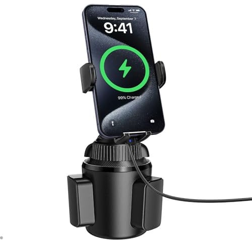 APPS2Car Solid Cup Phone Mount for Car Cup Holder Wireless Charger 15W with Quick Extension Long Arm Fast Swivel Adjustable Height 360 Rotatable Low Profile for iPhone 15 Pro Max Plus 14 13 12 11 XS X
