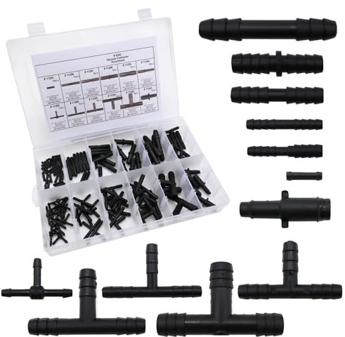 Aoyswuz 113 Piezas Conector de Púas en T con Traiga Una Caja de Almacenamiento, Juego de Conectores de Manguera con Conector en T, 12 Tamaños para Una Fácil Conexión de la Manguera de Jardín
