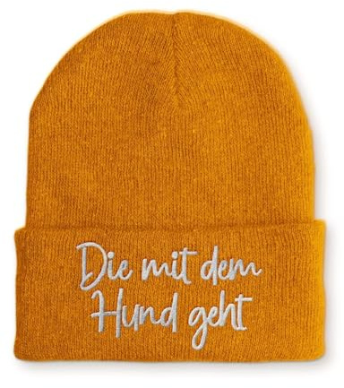 tshirtladen Beanie Die mit dem Hund geht Strickmütze Wintermütze mit Spruch Bestickt Gassi Mütze lustige Aufmerksamkeit Unisex Damen Herren OneSize Mütze Beanie für Hundeliebhaber