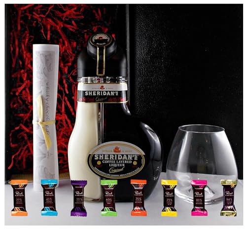 Sheridan`s Coffee Likör & 8 Edelschokoladen & 1 trendiges Glas Geschenk | Sheridans Geschenkset mit 8 Schokoladen in 8 Sorten für den feinen Genuss Frauengeschenke Genießerset Männergeschenke