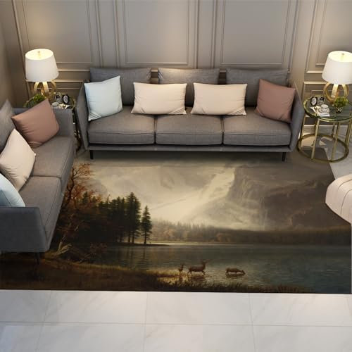 MOKOSAISE Albert Bierstadt Stil Maschinenwaschbares Wohnzimmer Schlafzimmer Küchenteppich Estes Park Colorado Whytes Lake Rutschfester niederfloriger Teppich 140x180cm