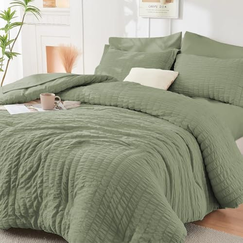 Luofanfei Seersucker Bettwäsche 135x200 4teilig Grün Salbeigrün Gestreift Sommer Einfarbig Wende Bettwäsche Set Microfaser Atmungsaktiv Leicht Bettbezüge Einzelbett und Kissenbezüge 80x80 cm