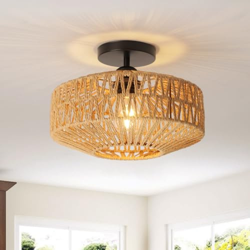 ELINKUME Deckenleuchte Wohnzimmer Rattan,E27 Boho Deckenlampe Schlafzimmer mit Lampenschirm Rattan,Home Decor Deckenlampen,Schlafzimmer Lampe Decke,Deckenlampe Flur,Modernes Handstricken