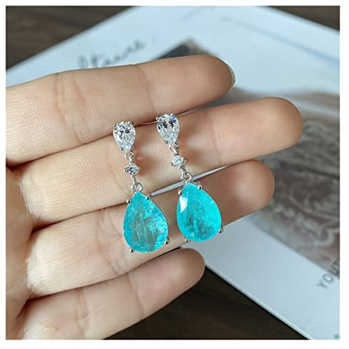 SHOUKAII Ohrringe for Damen, Trend, 100% 925er Sterlingsilber, Blauer Stein, Aquamarin, Paraiba-Turmalin, Edelstein, hängende Hochzeitsohrringe, Geschenk for Frauen, lustige Ohrringe for Frauen