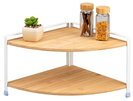 eluno Gewürzeckregal mit Bambusablagen und Kratzschutz, freistehendes Kücheneckregal, vielseitig einsetzbar, Organizer für mehr Platz und Ordnung - Materialkombination Bambus und Metall (White)