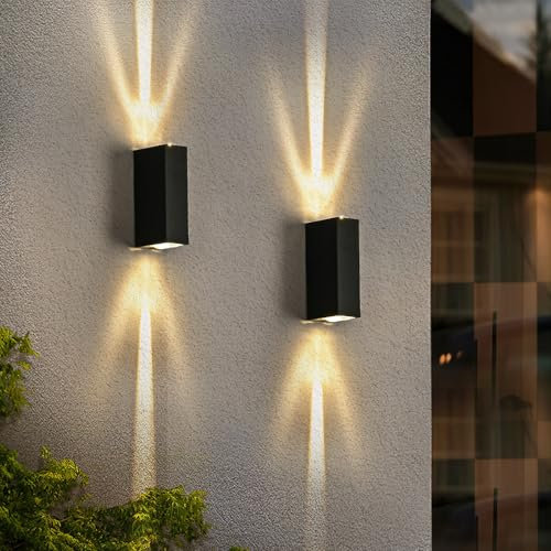 Doughelec LED Aussenlampe Wand, LED Wandleuchte Aussen 6W, Außenbeleuchtung Wasserdicht IP65 Wandlampe Aussen Warmweiß 3000K Up Down Kleine Aluminium für Inner Hauswand Flur Terrasse, Schwarz 2 PCS