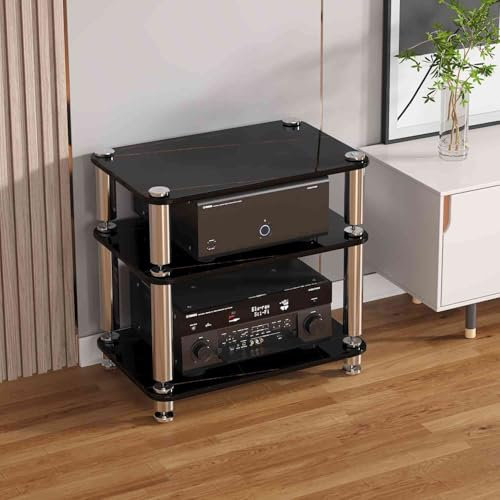Audio-Video Rack Stand, Entertainment Video Game Console Cabinet Shelf, Game Console Stand Wooden, Display Record Player Stereo Receiver, for Living Gaming Recording Room(Deep black,60*40*57cm)