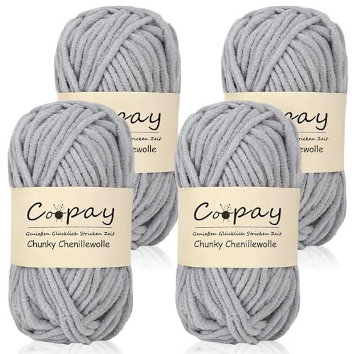 Coopay Lana per uncinetto, 4 gomitoli di lana Chunky da 50 g, per lavorare a maglia, grigio chiaro
