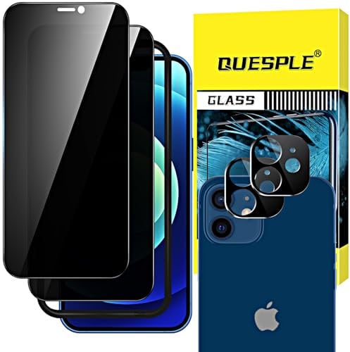 QUESPLE Privacy Screen Protector for iPhone 12 6.1-Inch with Camera Lens Protector, 28° Anti Spy Tempered Glass Film with Easy Installation Tool, Case-Friendly, 2+2 Pack