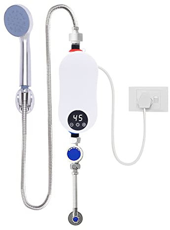 Soudesileim Mini calentador de agua eléctrico de 5500 W, calentador de agua eléctrico con cabezal de ducha y protección contra fugas, pantalla LED, control inteligente de temperatura (para baño)