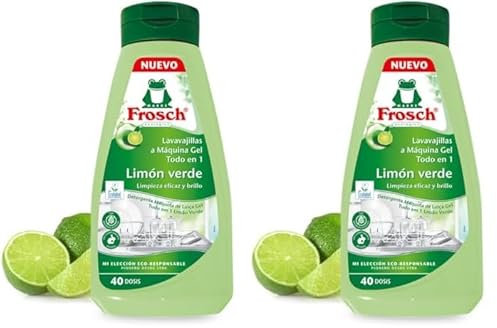 Frosch - Gel Lavavajillas a Máquina, Todo en 1 con Limón Verde, Limpieza y Brillo, Sin Microplásticos Ni Componente Animal, 40 Dosis -650 ml (Paquete de 2)