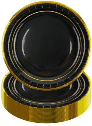 HiEnjoin Lot de 50 assiettes en carton noires pour fêtes, 18 cm, assiettes jetables avec feuille dorée pour anniversaires, desserts jetables ou jubilés, anniversaires, mariages