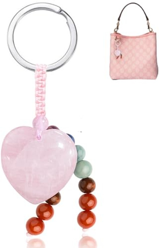HotoPink Quartz Crystal Gemstone Keyring, Rose Heart Healing Crystal Stone Keyring Charm Natural Chakra Keychain for Christmas Mother’s Day Birthday Women Girls Mum