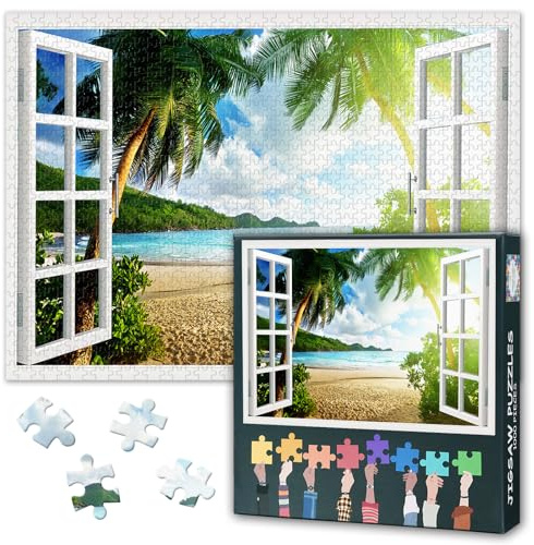 1000 Teile Puzzle für Erwachsene: 3D Fensterblick auf Strand & Sonnenuntergang (50x70cm) - Farbintensives Kunstwerk, Herausforderndes Motiv für Fortgeschrittene - Premium Wohndeko