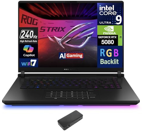 ASUS ROG Strix AI Gaming Laptop 16.0 240Hz Mini LED WQXGA Display (Intel Ultra 9-275HX, GeForce RTX 5080 16GB, 32GB DDR5, 8TB PCIe SSD, RGB KB, 2 Thunderbolt 5, WiFi 7, Win 11 Pro) w/USB-C Dock