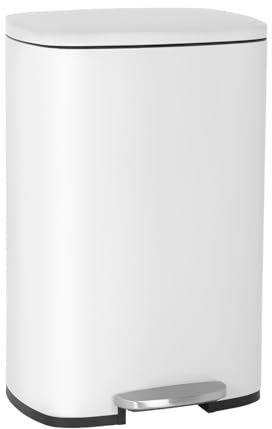 BestOffice 50 L Garbage Can Kitchen Trash Can with Lid for Office Bedroom Bathroom Step Trash Bin Fingerprint-Proof Brushed Stainless Steel,White