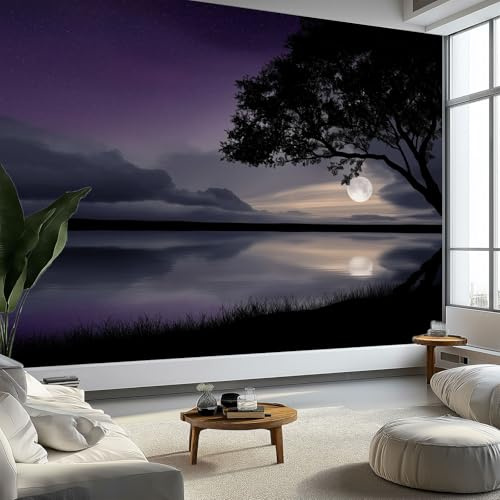 Papier Peint Panoramique 200(L) x 140(H) cm, Intissé Murale Ciel Nocturne Lac Lune Poster Salon Chambre Mur de fond Chambre des Enfants Bureau Décoration Style Fantastique Papier Peint Panoramique
