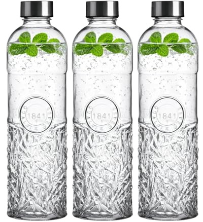 3er-Set Wasserflasche, Trinkflasche, Glasflasche für 1 Liter – rautenmuster