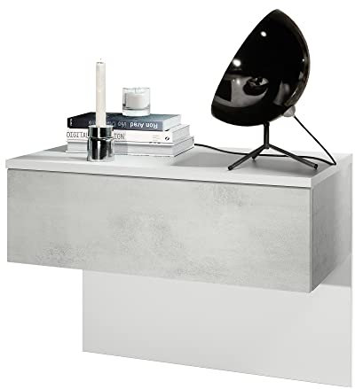 Vladon Nachttisch Sleep, Made in Germany, Nachttischschrank mit Schublade zur Wandmontage, Weiß matt/Beton Oxid-Optik (60 x 46 x 35 cm)
