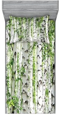 Ambesonne Woodland Spannbettlaken-Set & Kissenbezug, Birke Bäume im Wald, Sommerzeit, Wildlife Natur im Freien, dekoratives gedrucktes 2-teiliges Bettwäsche-Dekorationsset, Doppelbett, Weiß / Grün