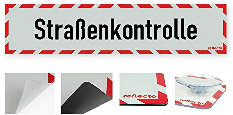 reflecto Hinweisschild „Straßenkontrolle“ in rot-weiß und reflektierend (RA1/A) - verschiedene Ausführungen – 400 x 90 mm (magnetisch)