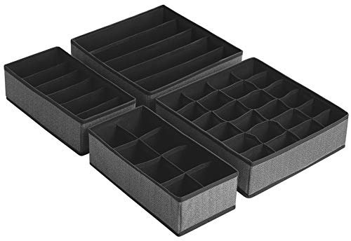 SONGMICS Aufbewahrungsboxen für Unterwäsche, 4er Set, Schubladen-Organizer, faltbar, Faltboxen, Vliesstoff in Leinenoptik, platzsparend, schwarz 60 x 34 x 28 cm