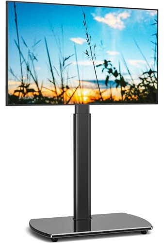 Supporto universale per TV da pavimento con 1 ripiano per TV a schermo piatto o curvo, 27, 32, 37, 42, 47, 50, 55 pollici, con supporto girevole e altezza regolabile, nero