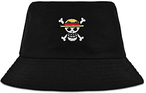 Roffatide Anime One Piece Strohhut Piraten Logo Eimer Hut Stickerei Angeln Hut Reversible Double Side Wear Eimer Hut