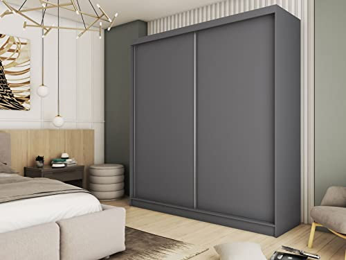 WFL GROUP Moderner Kleiderschrank Schwebetürenschrank Grau 120 150 180 200 cm - Graphit Matt Kleiderschrank für Schlafzimmer mit Schiebetüren - Kleiderstange - 200 cm - Grau