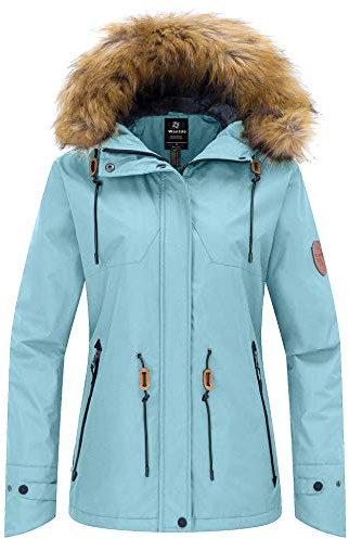 Wantdo Skijacke Damen Wasserdicht Berg Jacke mit Kunstfellkapuze | Winddicht,Atmungsaktive,Verstellbare Taille,Multitaschen,Abnehmbare Kunstfellkapuze,Snowboardjacken,Berg,Outdoor,Wandern