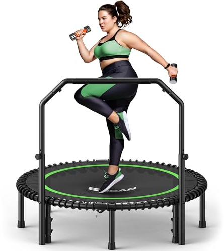 BCAN BT2 450/550LBS Mini Rebounder Trampoline for Adults with Bar, Fitness Trampoline with Bungees, Adjustable Handle, Stable & Quiet, Indoor Outdoor, Whole-Body Workout & Relaxation at Home-48IN-GRN