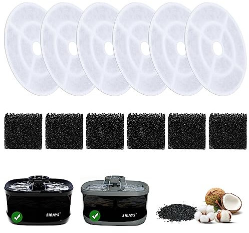 SIBAYS 6 Pack 7 Dog Water Fountain Filters, Pet Water Fountain Replacement Filters for 9.5L/2.5Gal Large Dog Water Fountain, PP Cotton and Coconut Shell Activated Carbon