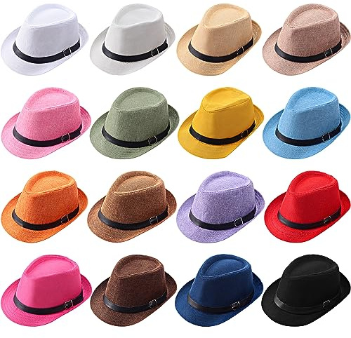 Liitrsh 16 Stück kurze Krempe für Männer und Frauen, klassischer Trilby-Panama-Hut, Sommerkleid, Sonnenhüte mit Gürtel, für Hochzeitsparty-Zubehör, 16 Farben