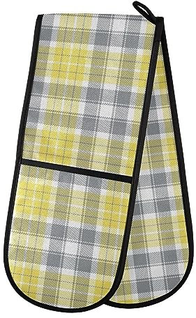 Double Oven Gloves Yellow Grey Tartan Plaid Heat Resistant Pot Holder Oven Mitt Gloves for BBQ Cooking Baking Grilling Microwave