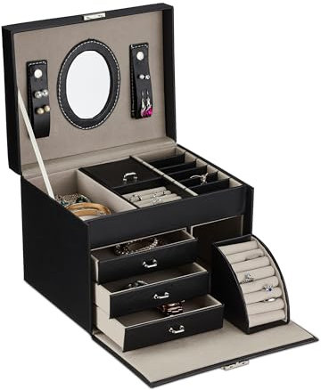 Relaxdays Schmuckkasten, Schmuckaufbewahrung mit Spiegel, Ringhalter, HxBxT: 18,5 x 24 x 19 cm, Schmuckkoffer, schwarz