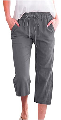 EMATOP Sommer 3/4 Hose Damen Leinen Baumwolle Stoffhose Leicht Atmungsaktiv Yogahose Einfarbig Lässig Leinenhose Weites Bein Hosen mit Taschen Sommerhose Weich Bequem Sporthose für Frauen