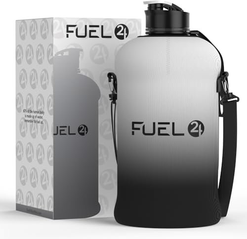 Fuel24 Jug with Insulated Sleeve & Removable Shoulder Strap | 2.2 Litre Water Bottle | Extra Strong Material | Drop Proof, Pop or Straw Cap | 2.2L Large Gym Sports Bottle | BPA FREE (Pop Cap, Mono)