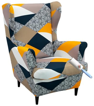 Highdi 2 Teilig Ohrensessel Überzug, Sessel-Überwürfe Ohrensessel Schonbezüge Bezug Sesselhusse Elastisch Stretch Tiger Stuhlbezug mit Armlehne Hohe Rückenlehne Universal (Mosaikgeometrie)
