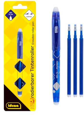 Idena 10859 - Tintenroller mit radierbarer 0,7 mm Mine in Blau, Gelschreiber inkl. 3 Ersatzminen