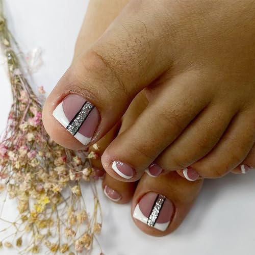 24Pcs Square False Toenail Short French White Tip Press on Toenails Acrylic Stick on Toenails with Black Lines Design Full Cover Glossy Artificial Fake Toe Nails for Women Girls Nail Art Decorations