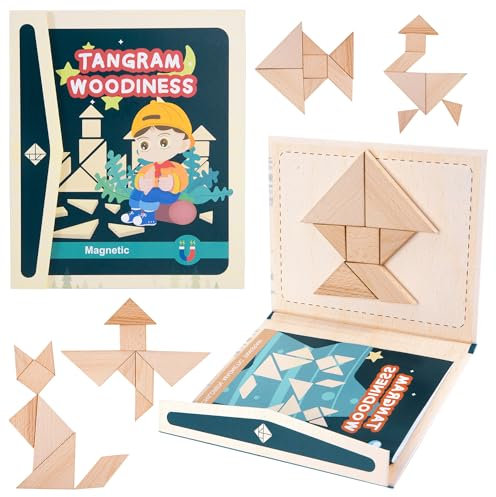 Magnetischer Tangram aus Holz, Puzzle-Spiel, Reisespiel Form Blöcke Geometrisch Manipulative Puzzle Jigsaw Dissektion für Kind, IQ Book Pädagogisches Spielzeug Rätselgeschenk