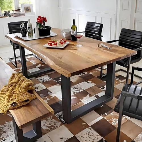 SJIOUEOT Table à Manger Industrielle en Bois Massif, Table de Cuisine de Ferme, Grande Table Basse rectangulaire avec Pieds en métal for 4 à 6 Personnes