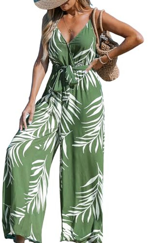 CUPSHE Damen Jumpsuit V-Ausschnitt Ärmellos Overall Tropischer Druck Weites Bein Seitenschlitz Lang Playsuit Sommer Lose Hosenanzug Grün XL